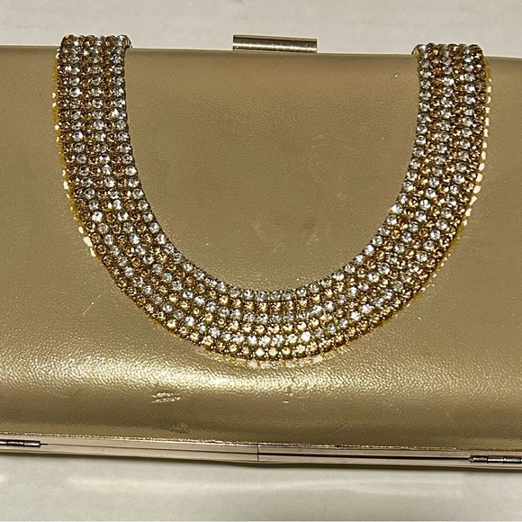 Handbags - Elegant Gold Clutch with Rhinestone Detail